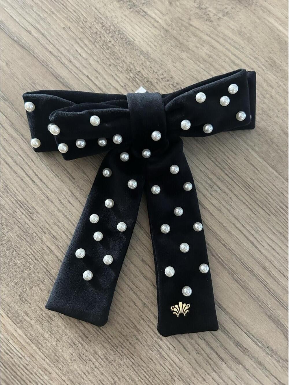 Lele Sadoughi Women's Black Pearl Embellished Velvet Antoinette Bow Barrette NWT